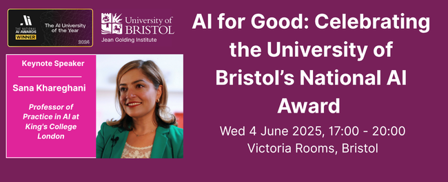 Ai for Good poster with headshots of keynote speaker Sana Khareghani